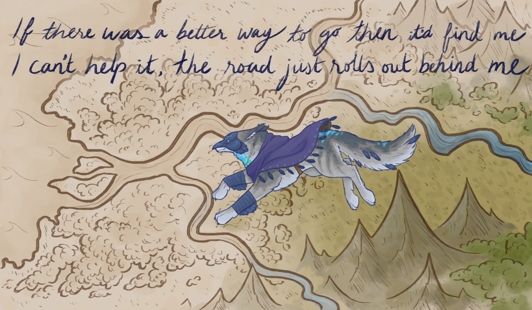 an image of Cysiné running along a map she's drawn; in her wake the parchment is filled with color and detail